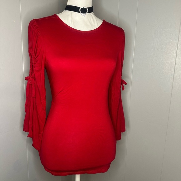 Cupio Red Ruched Bell Sleeve Top – Criss Cross Back Y2K Romantic Fairycore - Picture 3 of 8